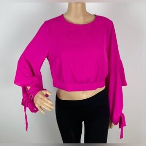 Pink Lace Up Sleeve Cropped Top Blouse